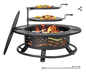 lot 36264 image: Panovue 42 Inch Fire Pit with 2 Cooking Grates, Outdoor Wood Burning BBQ Grill Firepit Bowl with Cover Lid, Steel Round Table for Backyard Bonfire (Dented)- Retail $142