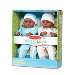 lot 36292 image: Melissa & Doug Mine to Love Twins Tyler & Taylor 15  Boy and Girl Baby Dolls with Rompers Caps and Pacifiers
