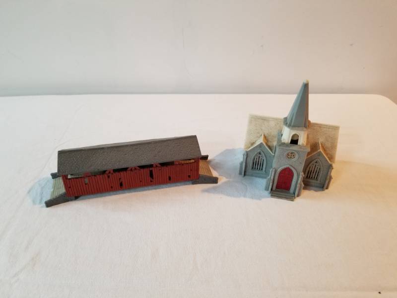 lot 7440 image: Church and Covered Bridge for HO Scale Train Setup