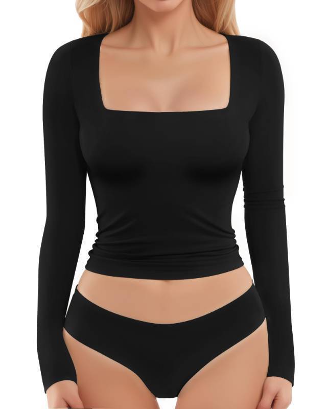 lot 9974 image: Womens Square Neck Top Double Lined Long Sleeve T Shirt -Black X-Large