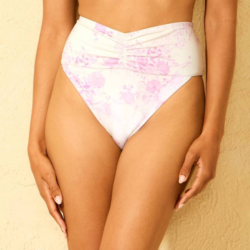 lot 38365 image: Womens Shirred Front High Waist High Leg Cheeky Coverage Bikini Bottom Floral - Shade & Shore Pink -Size M