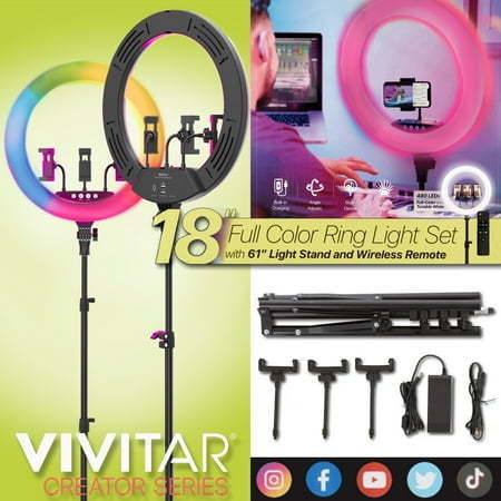 lot 38398 image: Vivitar 18  LED Ring Light RGB multicolor Adjustable 63  Tripod  Phone Stand  & Wireless Remote  (Damaged Stand)