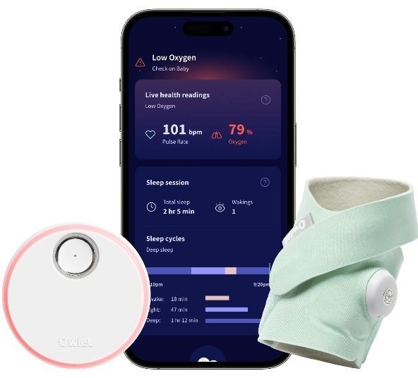 lot 33780 image: Owlet Dream Sock Smart Wearable Baby Monitor  Tracks Oxygen & Pulse Rate  Live Health Alerts, Sleep Insights & App Integration - Mint - Retail $239