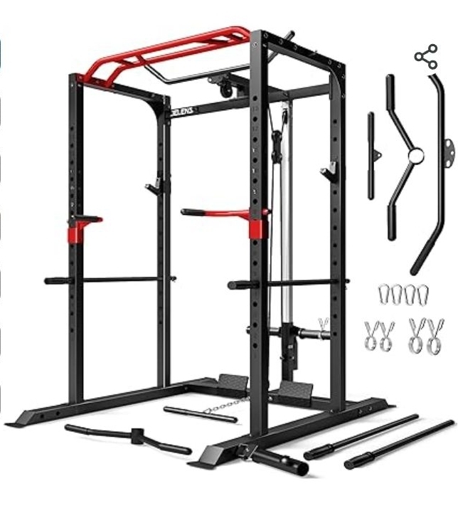 lot 35803 image: JELENS S11 Power Cage, 2000LB Multi-Function Power Rack with LAT Pulldown, Squat Rack with Adjustable Pulley System and Training Attachments, Weight Rack for Home Gym (ONLY BOX #2) - Retail $299