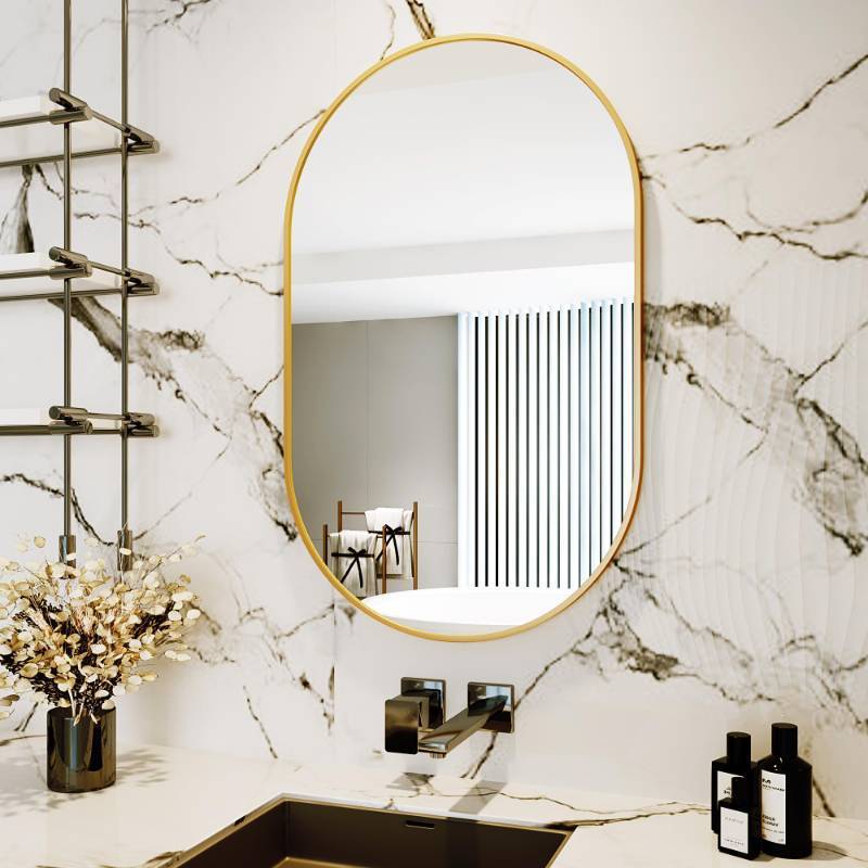 lot 15863 image: Oval Gold Mirror for Wall,Wall Mirror,Bathroom Mirrors for Over Sink, Gold (20x28) - Retail $70