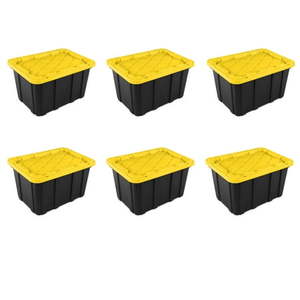 lot 40171 image: Sterilite 27 Gallon Industrial Tote  Rugged Plastic Storage Bin  Snap-on Lid  BlackYellow  6 Count