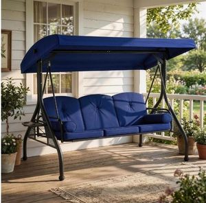 lot 40178 image: BaPiPro 3-Seat Metal Patio Swing with Adjustable Canopy, Cushions, Foldable Side Table, 2-in-1 Design for Patio, Garden, Porch, Blue - Retail $199