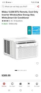 lot 40180 image: Midea 12,000 BTU Remote, Cool Only Inverter Window, New Energy Star, White, Smart Air Conditioner - Retail $389
