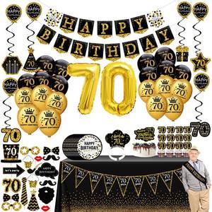 lot 40195 image: 70th birthday decorations - (76pack) black gold party Banner, Pennant, Hanging Swirl, birthday balloons, Tablecloths, cupcake Topper, Crown, plates, Photo Props, Birthday Sash for gifts