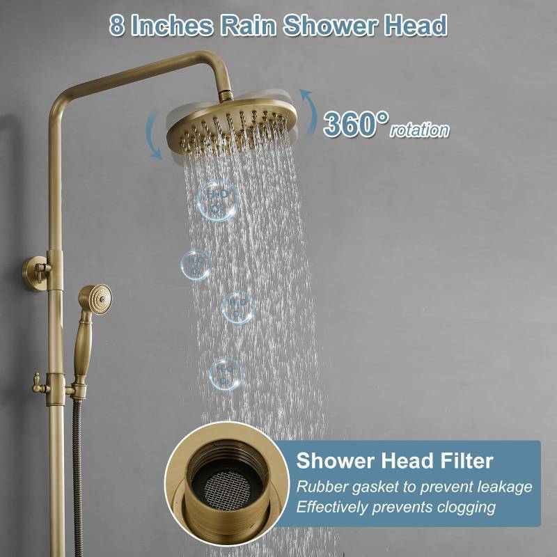 lot 15861 image: BWE Antique Brass Shower Fixtures 8-Inch Rain Shower Head with Handheld Spray Two Function Two Handle Bathroom Bath System Exposed Shower Faucet Set Wall Mounted - Retail $146