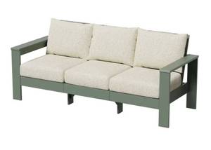 lot 37243 image: Better Homes & Gardens Ezra Outdoor HDPE Sofa, Green with Cream Boucle Cushions - Retail $447