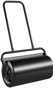 lot 40197 image: KFFKFF 24in Lawn Roller, 13 gal Sand & Water Capacity, Durable Steel Design, Ergonomic U-Shaped Handle for Easy Maneuvering, Suitable for Lawns, Gardens, Farms, and Parks, Blackp - Retail $69