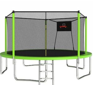 lot 40199 image: Leumius 14ft Trampoline with Basketball Hoop,Outdoor Trampoline with with Enclosure Net,Heavy-Duty Backyard Trampoline for Adults and Kids,Green - Retail $249