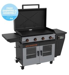 lot 40201 image: Blackstone Bronco Outdoor Combo Griddle, 4-Burner 36 Propane Flat Top Grill with Vertical Pellet Smoker - Retail $1,394