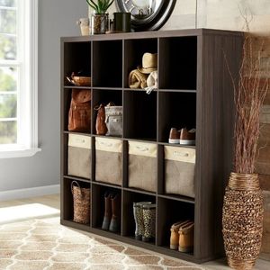 lot 40202 image: Better Homes & Gardens 16 Cube Storage Organizer, Tobacco Oak  (Missing Hardware)- Retail $111