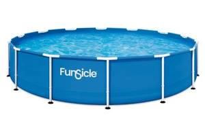 lot 40203 image: Funsicle 14ft Adventure Above Ground Metal Frame Swimming Pool, Includes FiltraBoost 800S Pump with AutoSkimmer, Round, Age 6 & up - Retail $178
