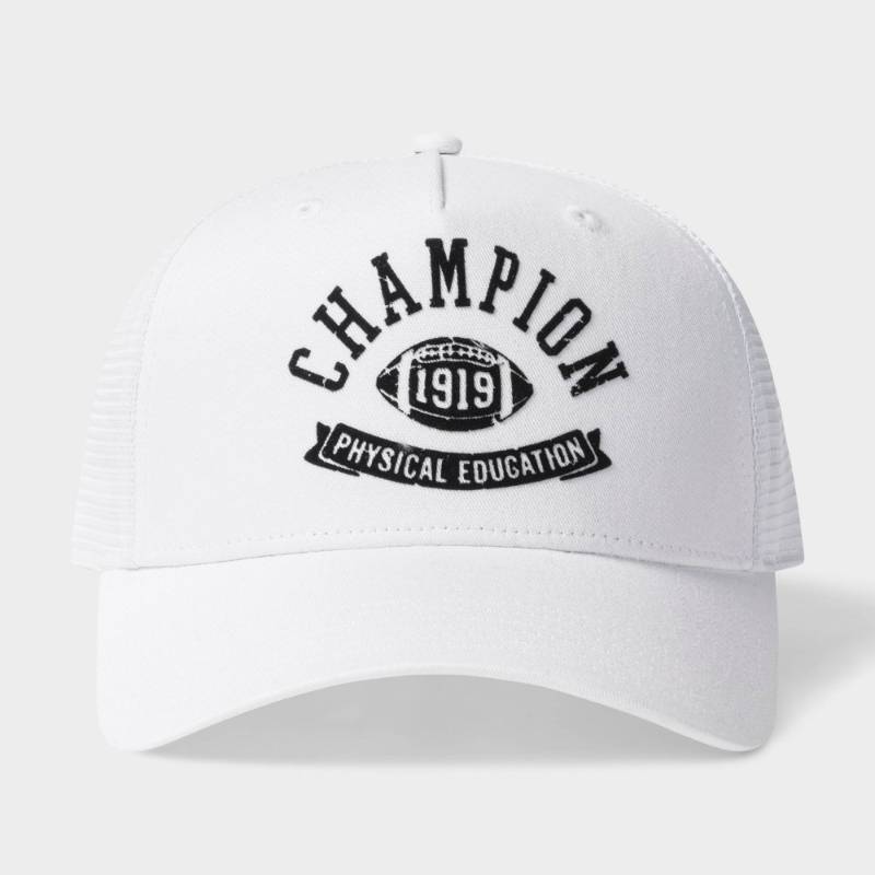 lot 35859 image: Champion Adult Phys Ed Twill Trucker Hat - White