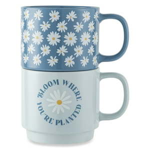 lot 36334 image: Thyme & Table 2 Pack Stacking Daisy Bloom and Where Planted Blue Mugs 14.2 fl oz  Stoneware