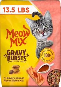 lot 41236 image: Meow Mix Gravy Bursts, Savory Salmon Flavor Kibble Mix, Gravy Filled Dry Cat Food, 13.5 lb. Bag (Exp.1222026)