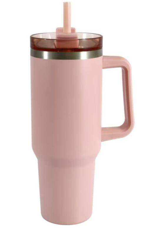 lot 37099 image: Mainstays 40 oz Stainless Steel Tumbler with Straw and Handle, Double Wall Insulated, Pink