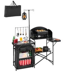 lot 40223 image: VEVOR Camping Kitchen Table, Outdoor Camp Cooking Table, Aluminum Portable Cook Station with Storage Cupboard, Carrying Bag, Detachable Windscreen, Quick Set-up for BBQ Party Picnic RV Travel, Black - Retail $104