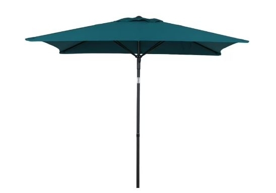 lot 35978 image: Mainstays Outdoor 6 x 7.5 Rectangle Teal Market Patio Umbrella, Push-Up, 3-Angle Tilt (Damaged)