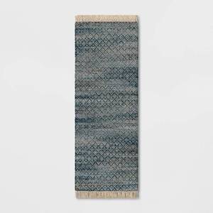 lot 37286 image: 24x7 Handloom Diamond Runner Rug Blue - Threshold Indoor Low Pile, Cotton & Jute, Entryway or Kitchen Use - Retail $50
