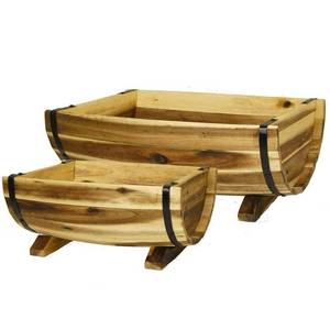 lot 40259 image: Classic Home and Garden Acacia Wood Half-Barrel Planters with Metal Band  Assorted Sizes  Set of 2 - Retail $85