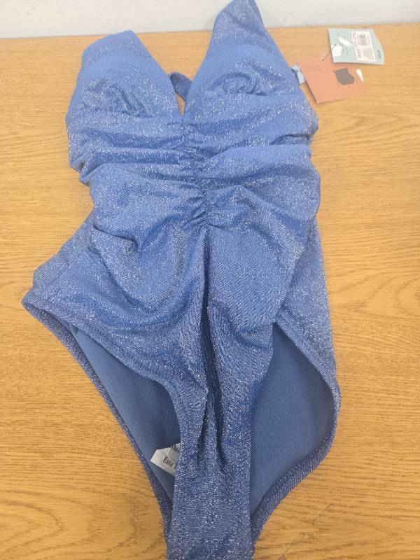 lot 38631 image: Womens Sparkle Plunge Neck Full Coverage One Piece Swimsuit - Shade & Shore Blue -Size XS