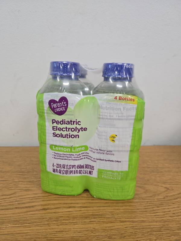 lot 38656 image: Parents Choice Electrolyte Solution, Lemon Lime, Dye-Free, for Kids and Adults, 22 oz, 4 Count (BEST BY MAY 01, 2026)