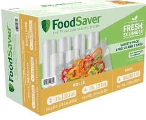 lot 42050 image: FoodSaver Vacuum Seal Variety Pack 2 Rolls (8x20), 4 Rolls (11x16), 6 One-Gallon Bags