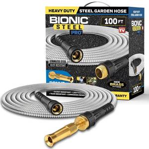 lot 37334 image: Bionic Steel Pro Garden Hose 100ft Water Hose, Outside Heavy Duty Metal Hose Stainless Steel w Spray Nozzle Kink-Free - Retail $114