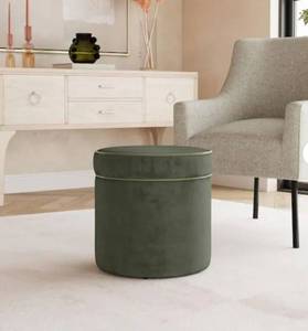 lot 37342 image: Homepop Loden Green Velvet Round Storage Ottoman - Retail $89