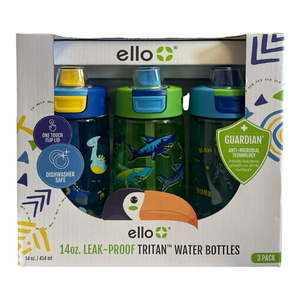 lot 41413 image: Ello Kids Leak-Proof Tritan Water Bottles  14oz  Anti-Microbial 3 Pack (Action World)
