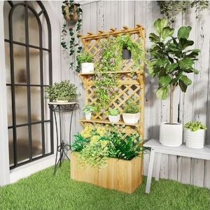 lot 42099 image: Outsunny Wooden Raised Garden Bed, Planter with Trellis, Hanging Roof, Plant Shelf, Drainage Holes and Bed Liner, Natural - Retail $75