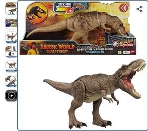 lot 42103 image: Mattel Jurassic World T. rex Dinosaur Toy with Sound & Movement, All-Out Attack Tyrannosaurus Rex Action Figure with Rampage Attack, Plus Digital Play