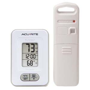 lot 41487 image: AcuRite Battery-Powered IndoorOutdoor Digital Thermometer with Clock  White  3.5  H x 2.3  W x 1.2  D, (Display Works, but the Sensor Does Not) SEE PICTURES, BATTERIES NOT INCLUDED