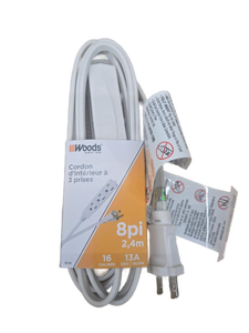 lot 41538 image: Woods 3-Outlet Indoor Extension Cord 8ft White 16 Gauge