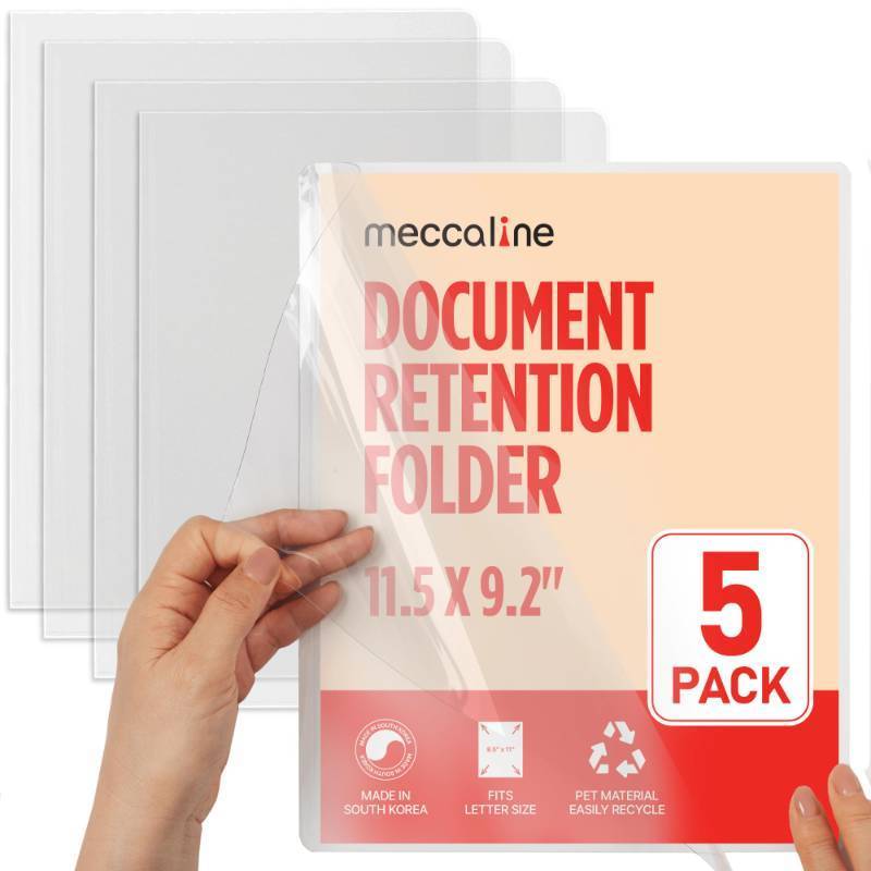 lot 12116 image: Meccaline Clear Plastic File Folders for Document, Presentation, Project, or Portfolio Filing, Large Thick Heavy-Duty PET Sleeves for U.S. Letter Size Papers, 5-Pack��