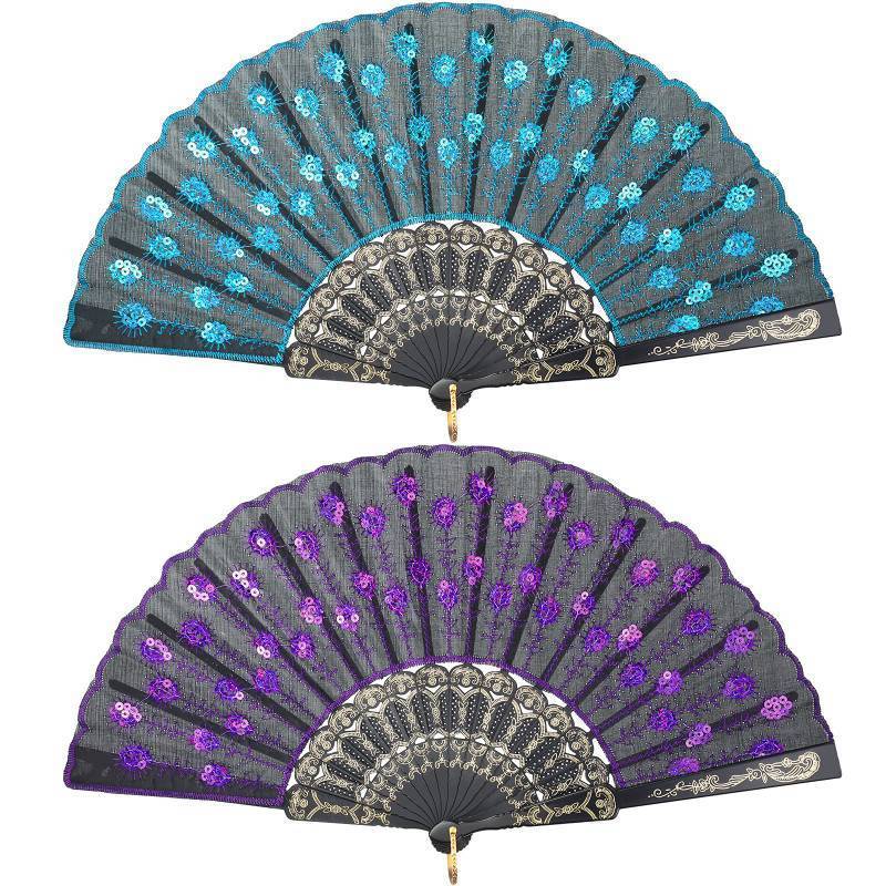 lot 12152 image: Jetec 2 Pieces Lace Spanish Fan, Foldable Hand Fan for 1920s Dancing Costume, Spanish Flamenco Gift, Photo Props, Prom, Decorations(Purple, Blue)