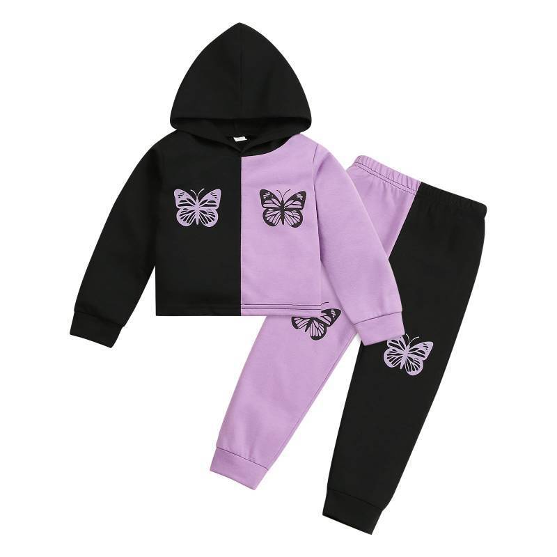 lot 12090 image: Kids Toddler Girls Clothes Colorblock Butterfly Print Hooded Pullover & Sweatpants Fall Outfits Set(7-8T)