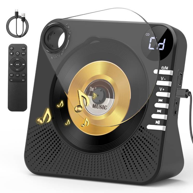 lot 19917 image: CD Player with HiFi Dual Speaker Bluetooth,Desktop CD Player for Home Black with Remote Control,Dust Cover,LCD Display,Sleep Timer,EQ Sound,USBAUX3.5mm Earphone Jack Kids,Gift