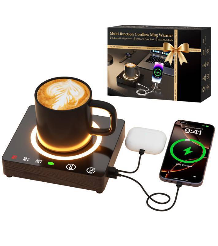lot 11077 image: Mug Warmer, Cordless 180 Min Battery Life, 10000mAh Portable Charger, Wireless Coffee Cup Warmer for Desk, 3 Temp Settings, Smart Candle Heat Plate for Home, Office, Travel, Camping & Gifts for Men