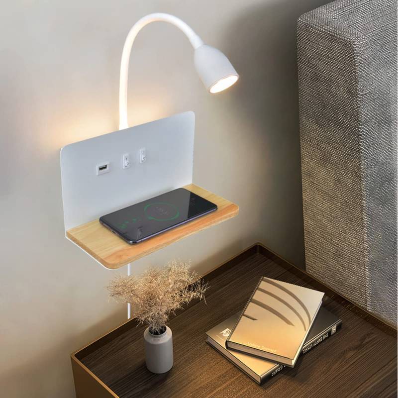 lot 14238 image: Bedside Wall Sconces with Wireless Charging Station & USB Charging, 3 Adjustable Color Temperatures LED Reading light, 3000K Warm Ambient lighting Wall Mounted Sconce for Bedroom, Plug-in or Hardwired