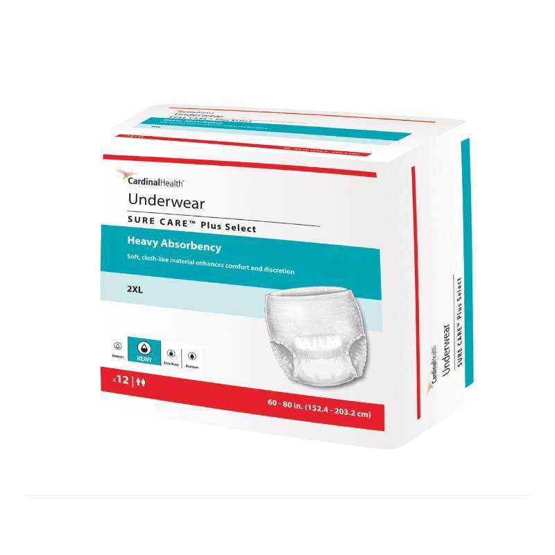 lot 17596 image: Cardinal Health Protective Underwear, Sure Care Plus, Heavy Absorbency, XX-Large, Pull-On Adult Disposable Underwear with Tear-Away Seams, Cloth-Like & Discreet �� Bag of 12