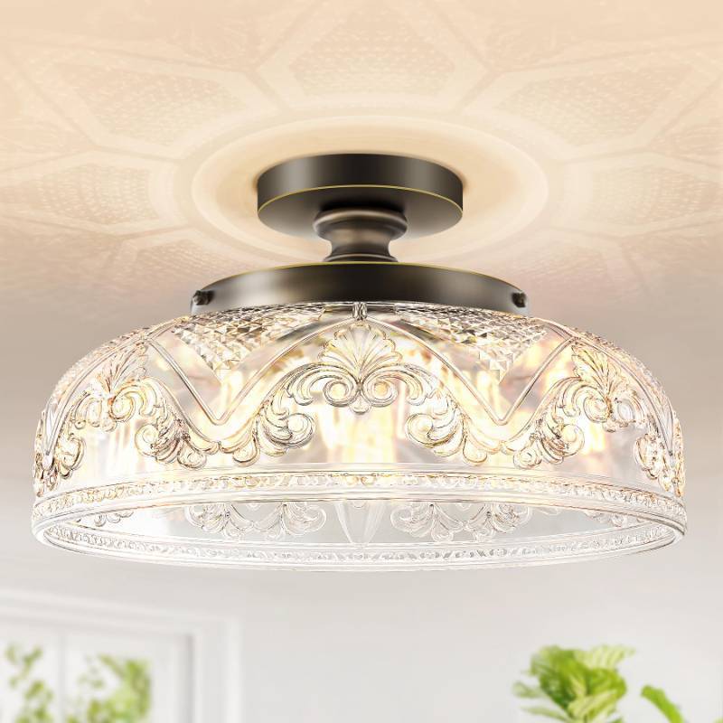 lot 13878 image: Slypadan Semi Flush Mount Ceiling Light, 12 Inch Large Bronze Ceiling Light Fixture, 3-Light Globe Glass Farmhouse Kitchen Lighting Fixtures for Bathroom, Hallway, Dining Room (Bulb Not Included, Broken Glass Globe)