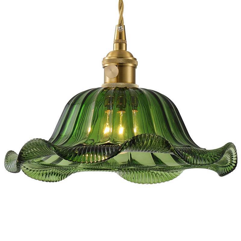 lot 13869 image: MIAOMEIO Vintage Glass Pendant Light��Green Flower Ceiling Pendant Light��Gold Adjustable Hanging Wire for Kitchen Island Dining Room Bedroom Hallway (10Inch - Green(A))
