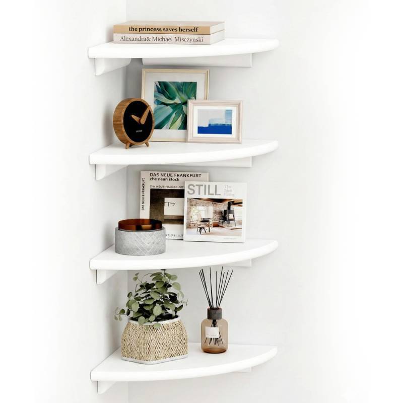lot 13845 image: White Corner Floating Shelves for Wall �� Set of 4, Rounded Wood Wall Mounted Corner Shelf with Hardware, Space Saving Decorative Storage for Kids Room, Bathroom, Living Room, Office �� White