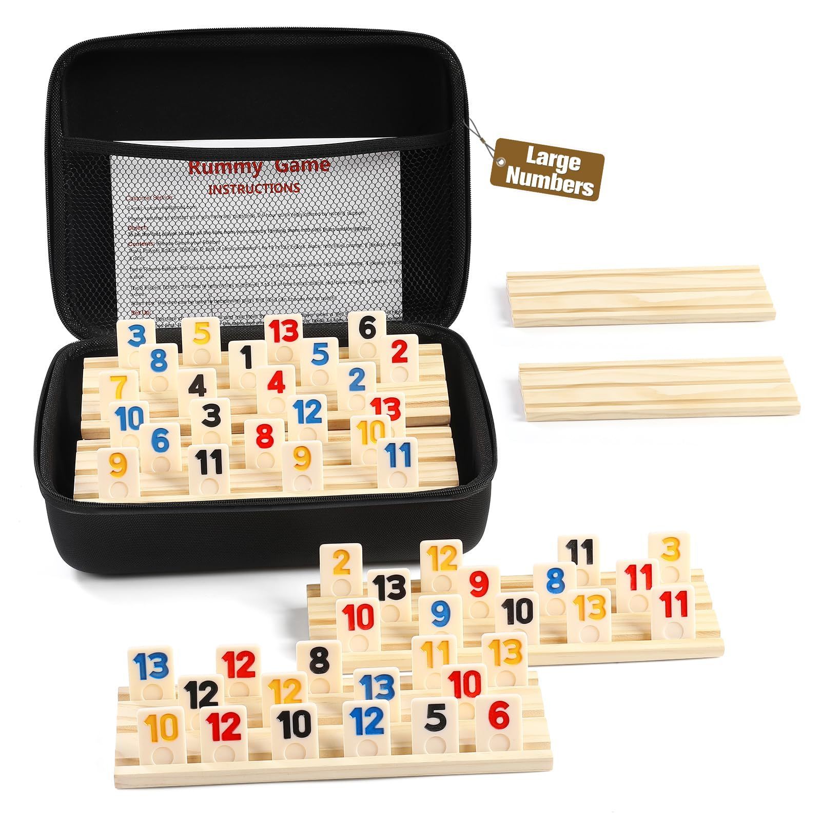 lot 11040 image: Rummy Cube 6 Player Edition with 6 Wooden RacksTrays, 160 Large Numbers Rummy Tiles Set with Zippered Case, Rummy Travel Game Set with 6 Tiles Holders - Classic Board Games for Family Adults Kids