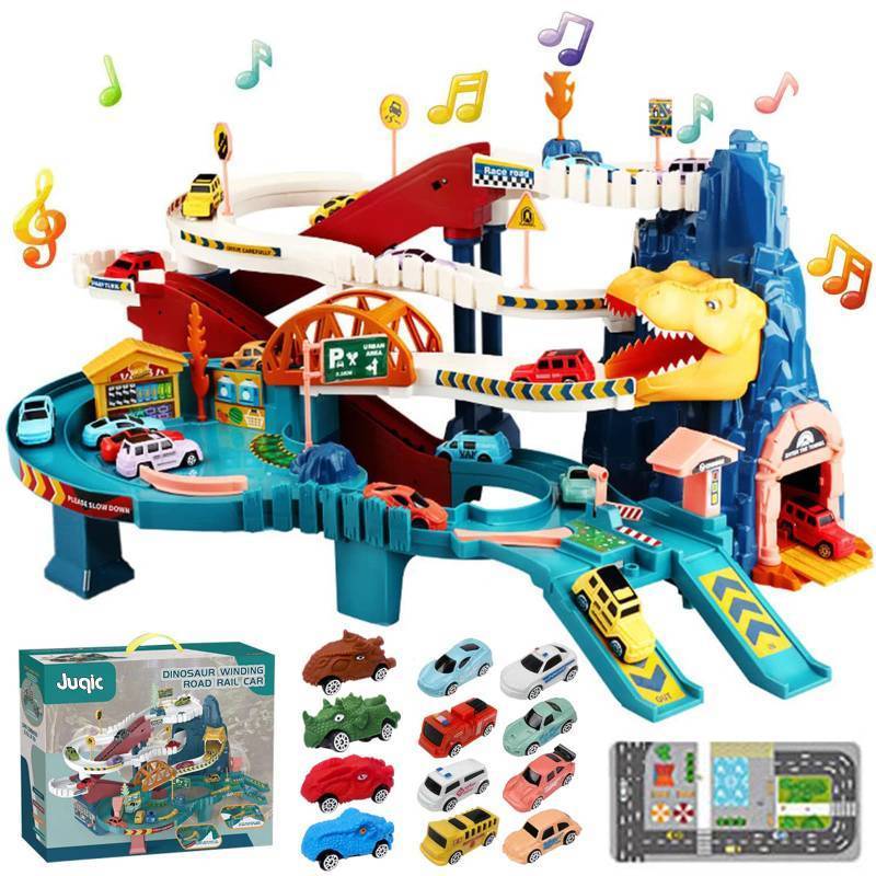 lot 19915 image: Toy Car Ramp Track Dinosaur Climbing Hills Railcar Colorful Vehicles Construction Play Set with 12 Mini Racer Cars and Track for Preschool Gifts Kids Ages 3 Years and Older (Dinosaur Hill) (USED)